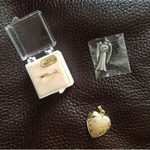 Mom Gold filled Heart Locket, Angel Trinket, & Baby Ring